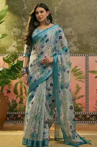 pastel blue linen cotton blend digital printed floral saree