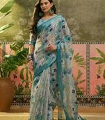 pastel blue linen cotton blend digital printed floral saree