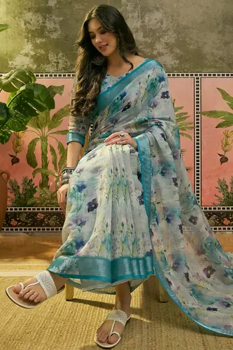 pastel blue linen cotton blend digital printed floral saree