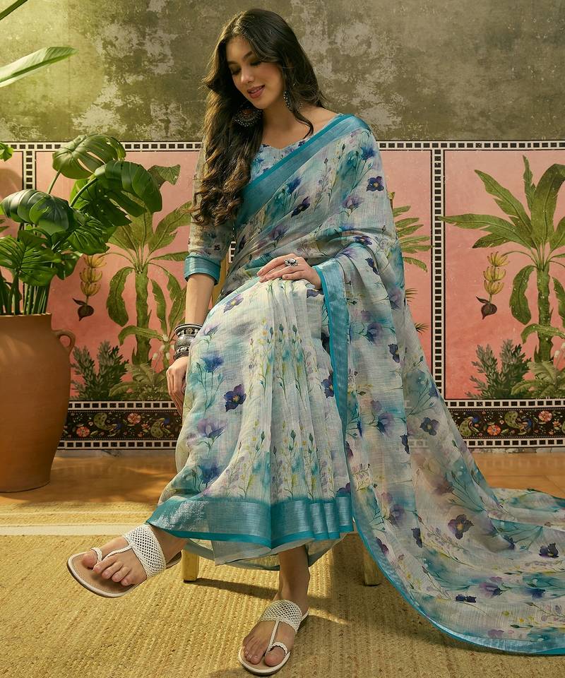 pastel blue linen cotton blend digital printed floral saree