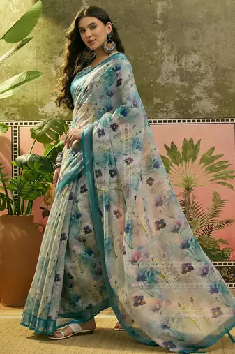 pastel blue linen cotton blend digital printed floral saree