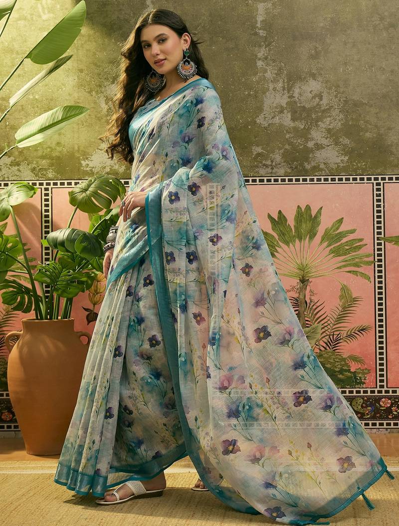 pastel blue linen cotton blend digital printed floral saree