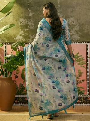 pastel blue linen cotton blend digital printed floral saree 4