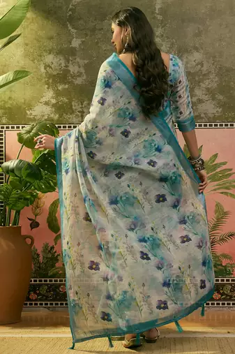pastel blue linen cotton blend digital printed floral saree