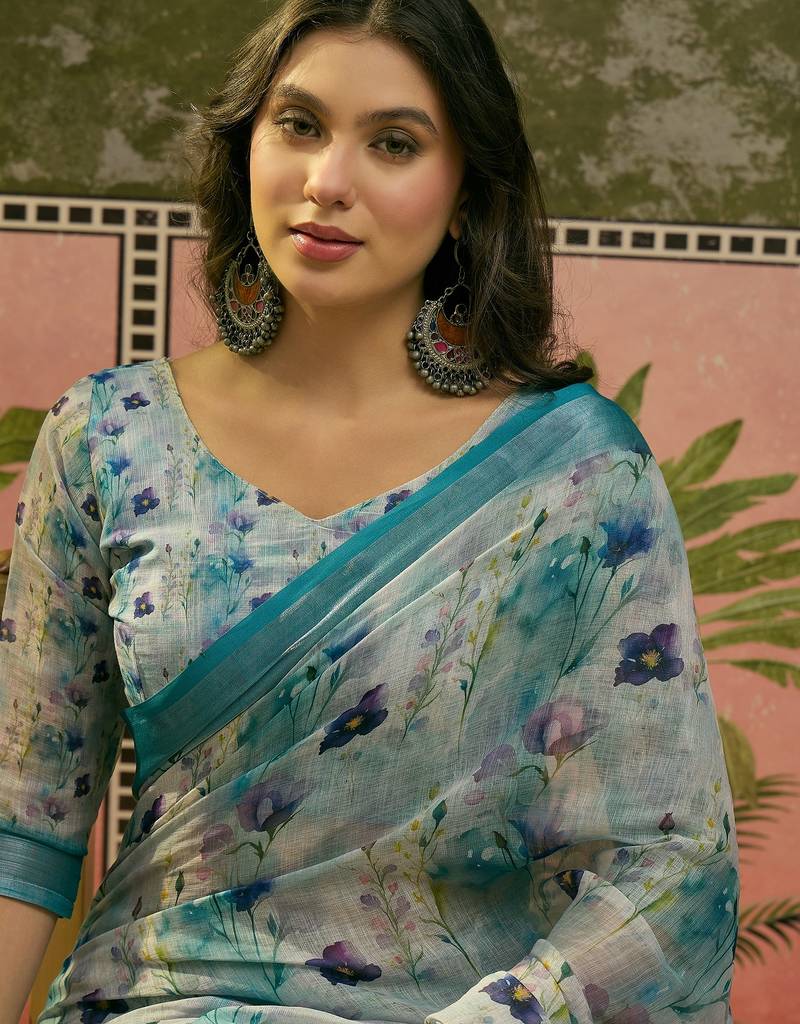pastel blue linen cotton blend digital printed floral saree