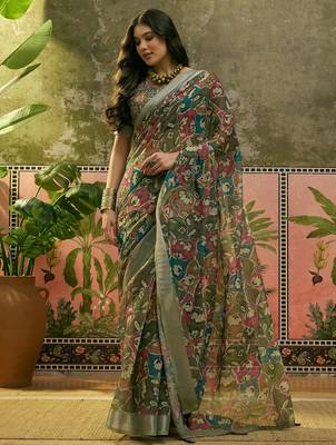 olive green linen cotton blend digital printed floral saree 1