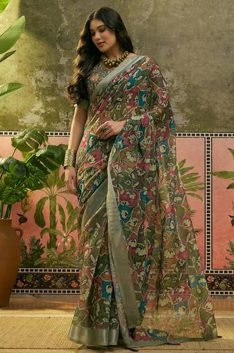 olive green linen cotton blend digital printed floral saree