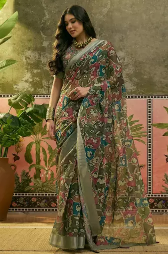 olive green linen cotton blend digital printed floral saree