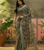olive green linen cotton blend digital printed floral saree