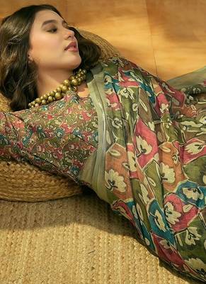 olive green linen cotton blend digital printed floral saree 2