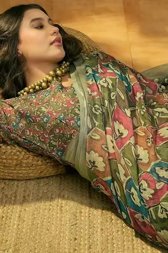 olive green linen cotton blend digital printed floral saree