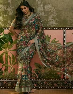 olive green linen cotton blend digital printed floral saree 3