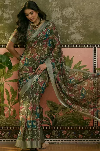 olive green linen cotton blend digital printed floral saree