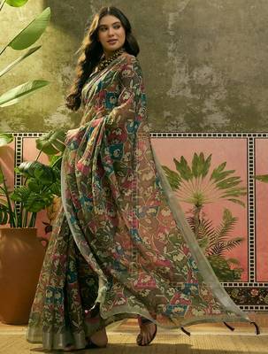 olive green linen cotton blend digital printed floral saree 4