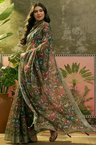 olive green linen cotton blend digital printed floral saree