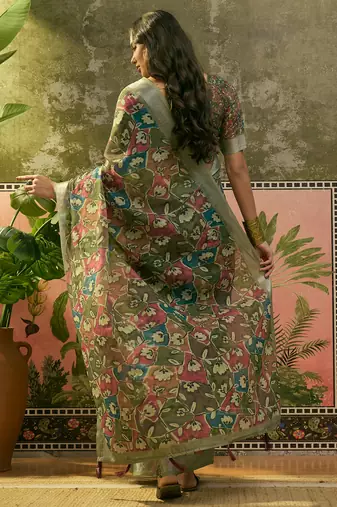 olive green linen cotton blend digital printed floral saree