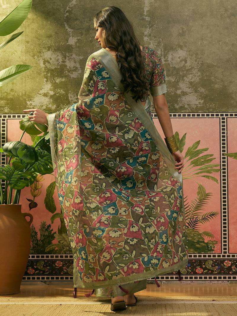 olive green linen cotton blend digital printed floral saree