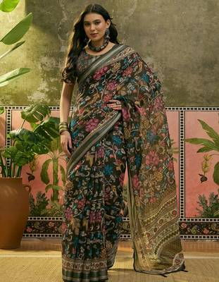 dark green linen cotton blend digital printed floral saree 1