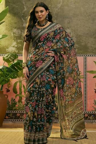 dark green linen cotton blend digital printed floral saree