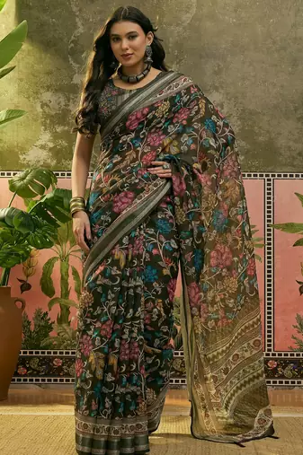 dark green linen cotton blend digital printed floral saree
