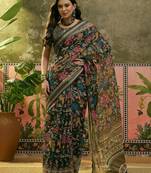 dark green linen cotton blend digital printed floral saree