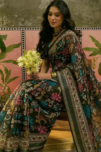 dark green linen cotton blend digital printed floral saree
