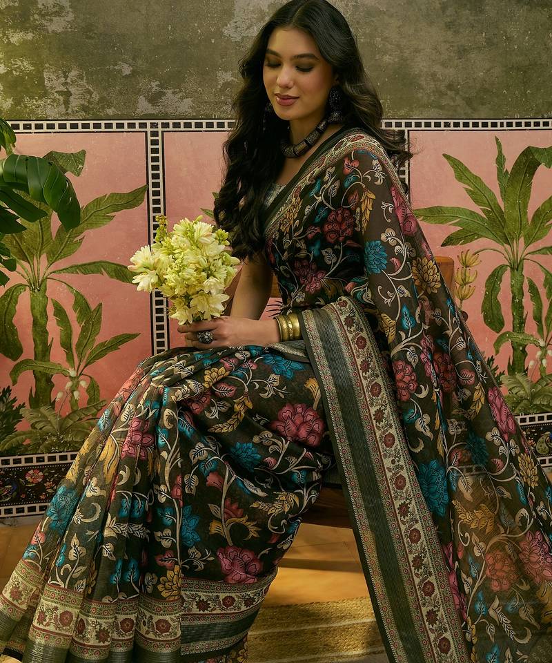 dark green linen cotton blend digital printed floral saree