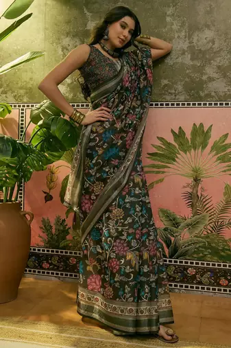 dark green linen cotton blend digital printed floral saree