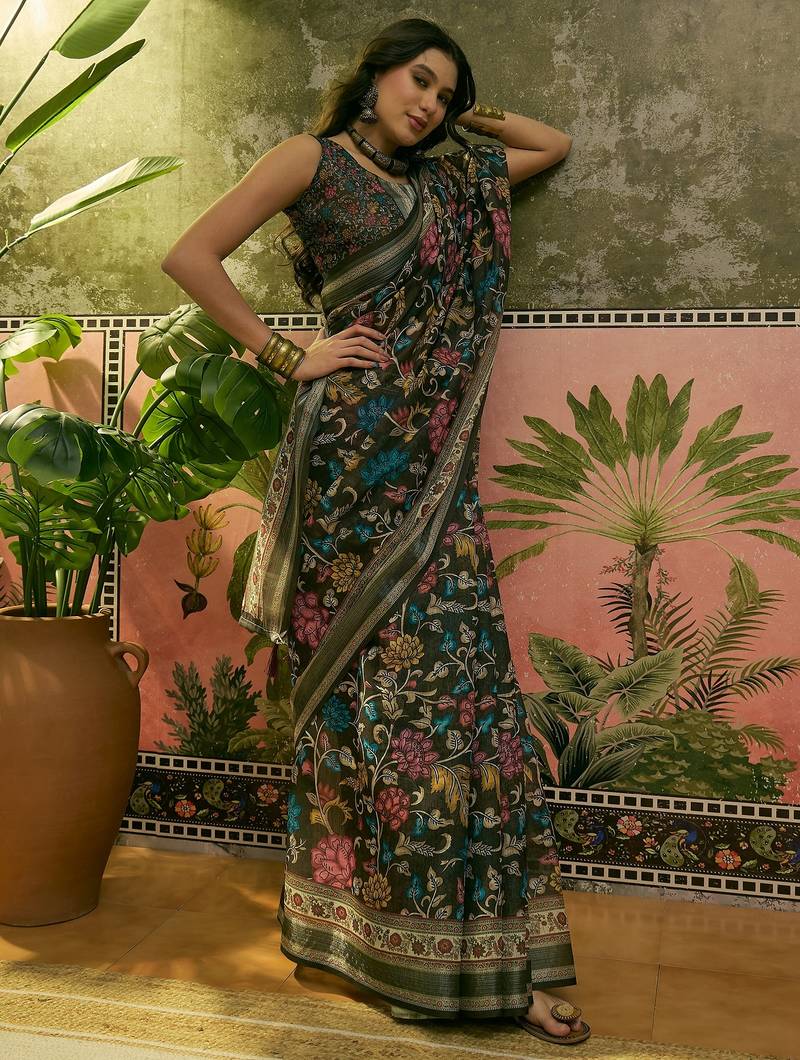 dark green linen cotton blend digital printed floral saree