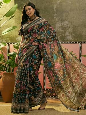 dark green linen cotton blend digital printed floral saree 4