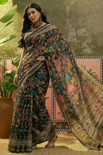 dark green linen cotton blend digital printed floral saree