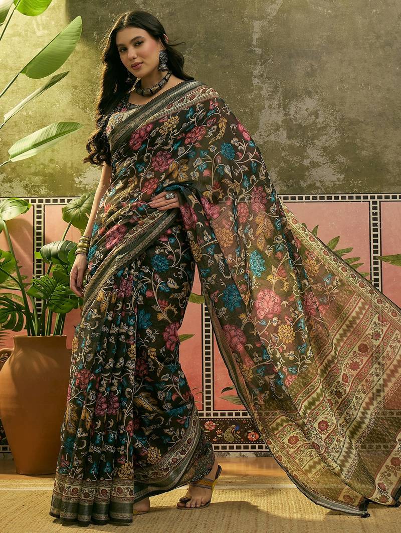 dark green linen cotton blend digital printed floral saree