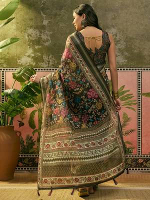 dark green linen cotton blend digital printed floral saree 5