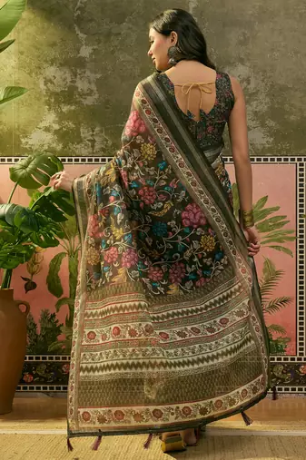 dark green linen cotton blend digital printed floral saree