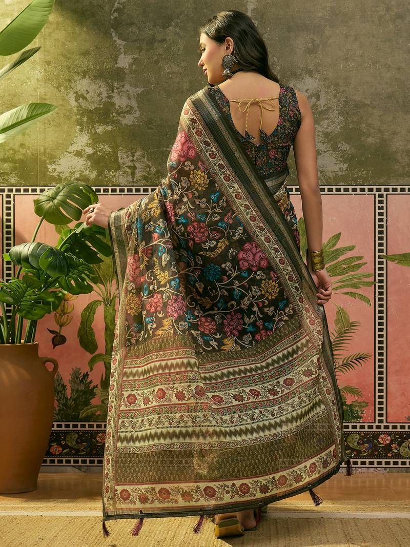 dark green linen cotton blend digital printed floral saree