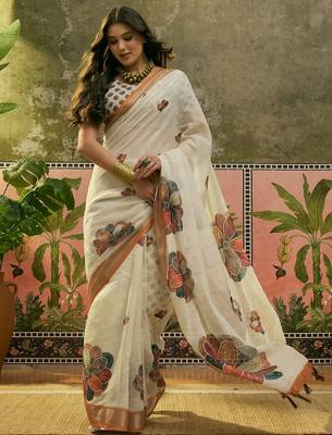 off white linen cotton blend digital printed floral saree 1