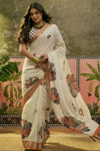off white linen cotton blend digital printed floral saree