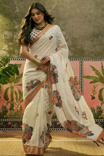 off white linen cotton blend digital printed floral saree