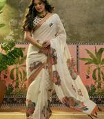 off white linen cotton blend digital printed floral saree