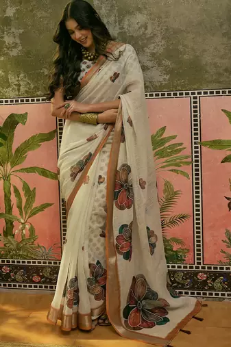 off white linen cotton blend digital printed floral saree
