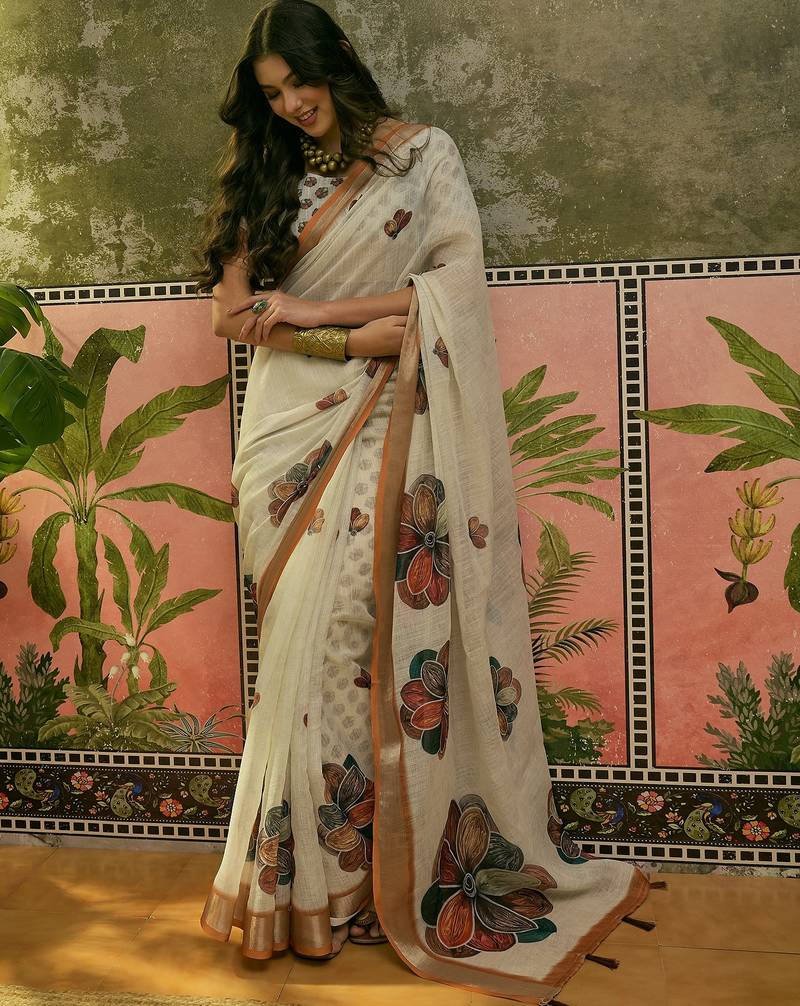 off white linen cotton blend digital printed floral saree