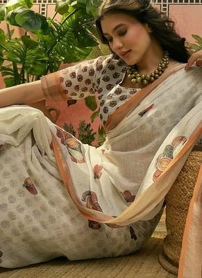 off white linen cotton blend digital printed floral saree 3