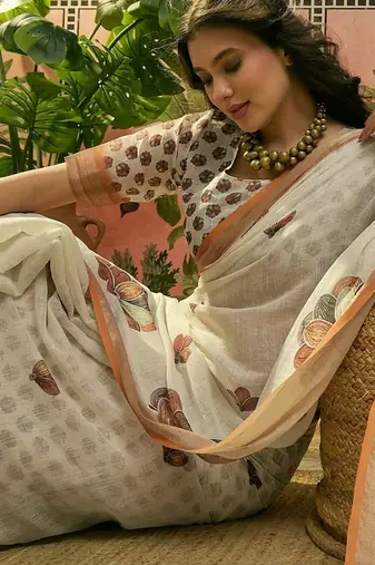 off white linen cotton blend digital printed floral saree