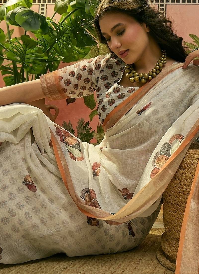 off white linen cotton blend digital printed floral saree