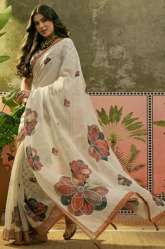 off white linen cotton blend digital printed floral saree
