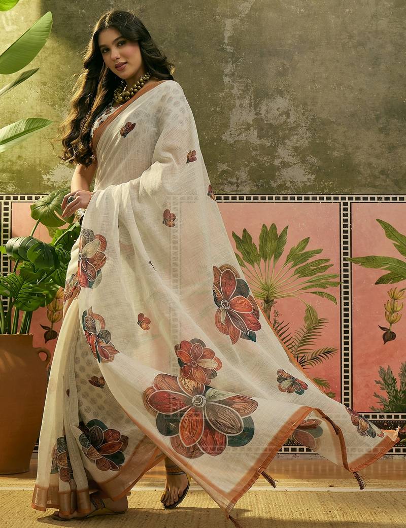 off white linen cotton blend digital printed floral saree