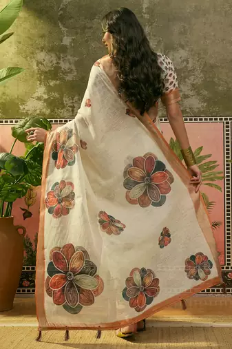 off white linen cotton blend digital printed floral saree