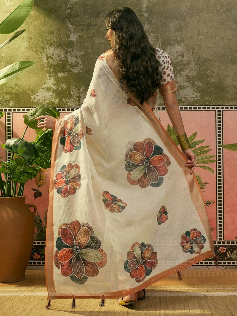 off white linen cotton blend digital printed floral saree