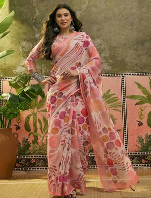 peach linen cotton blend digital printed abstract saree 1