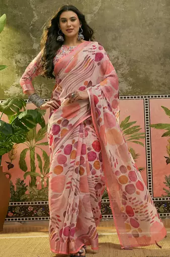peach linen cotton blend digital printed abstract saree